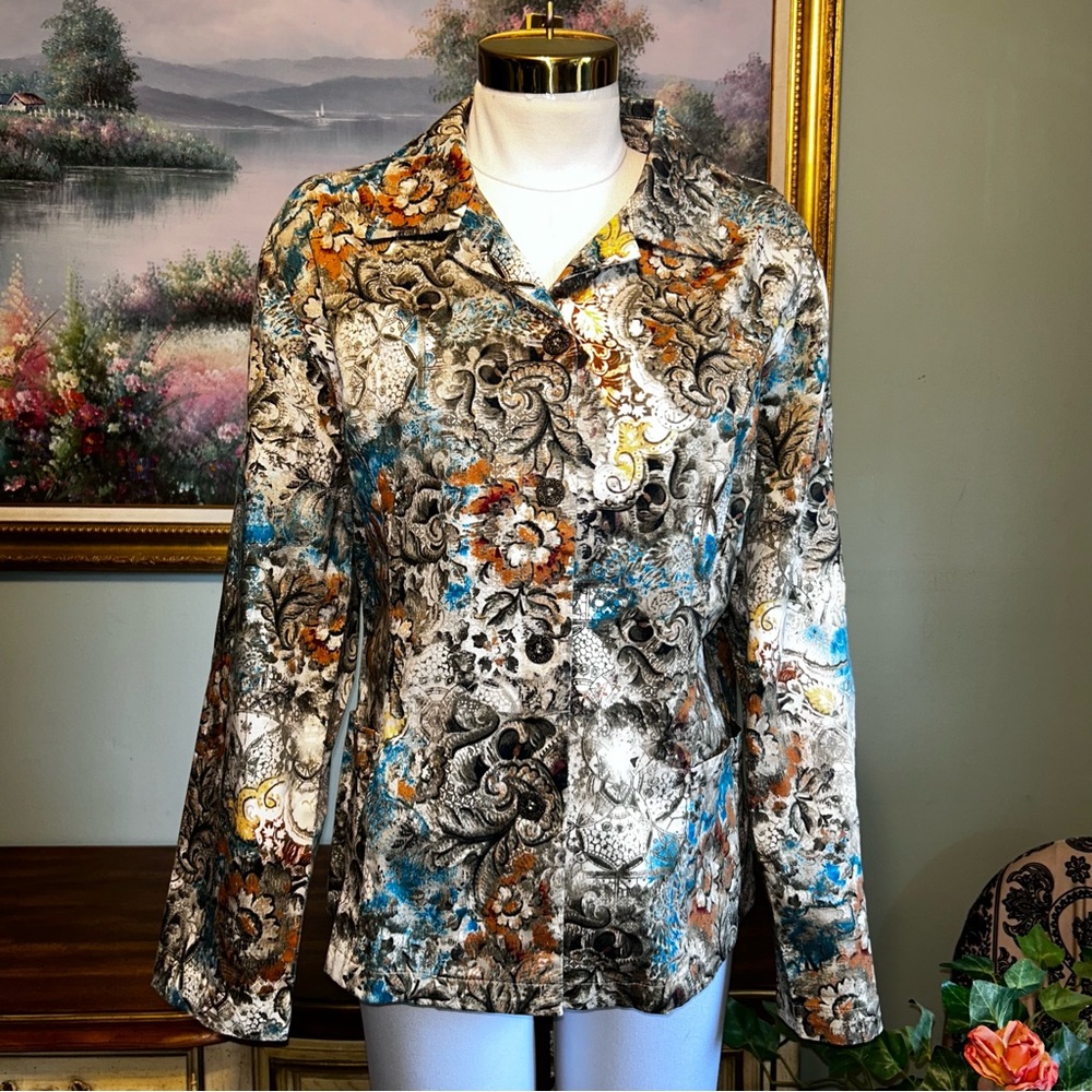 Chico's Tan Blue Brown Orange White Fall Floral Jacket